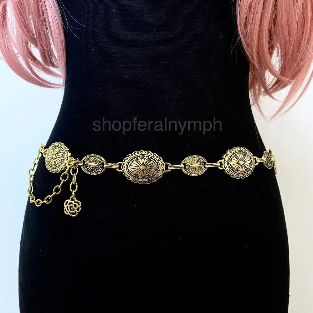 Antique Gold Boho Concho Medallion Waist Chain Belt, Fits 23-38 Inches, X7GA1348
